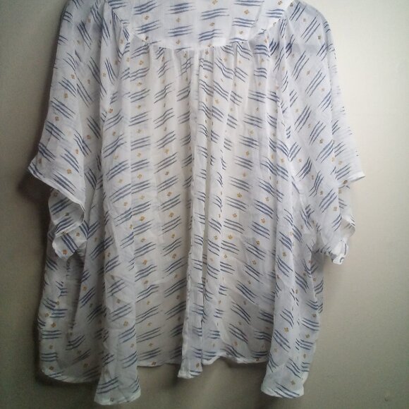 So Open Front Blouse XL Short Sleeve Sheer Patterned White Blue Yellow - Picture 5 of 16